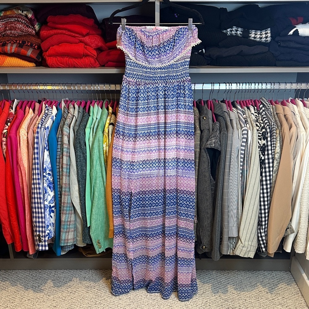 Bershka pink/blue print strapless smocked back tie lined maxi dress size S